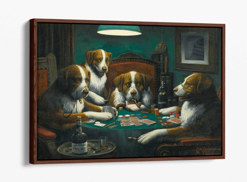 Dogs Playing Cards Art - Handmade Canvas Wall Art | Poker Game Print, Float Effect