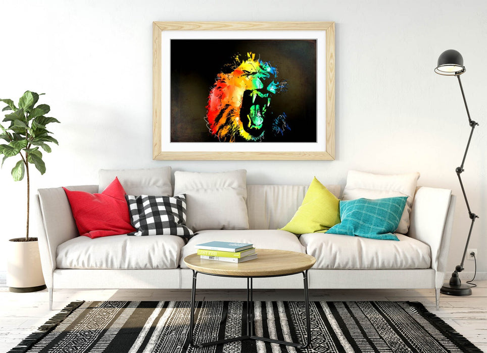 MULTI COLOUR LION SKETCH BLACK BACKGROUND -FRAMED ART POSTER PICTURE PRINT