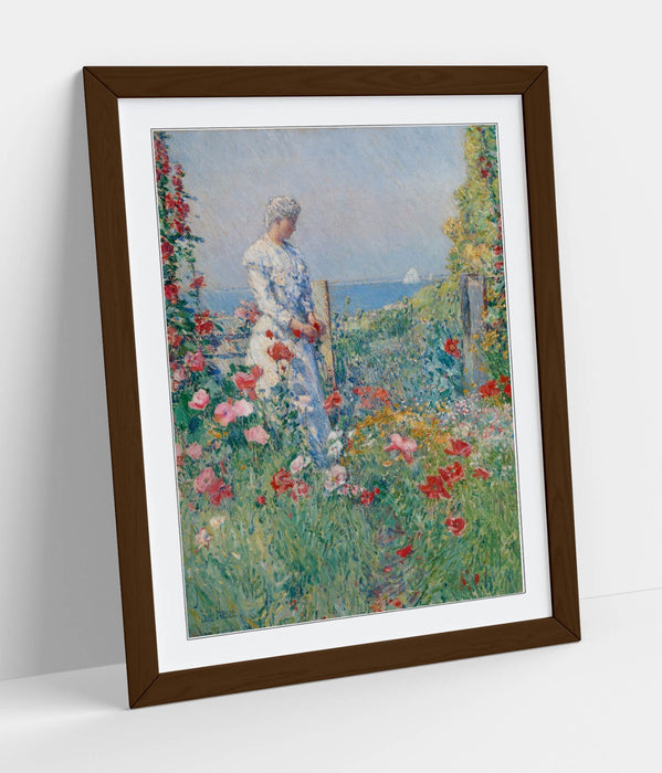 Framed Wall Art - Childe Hassam Garden Art Print With Woodgrain Frame Finish