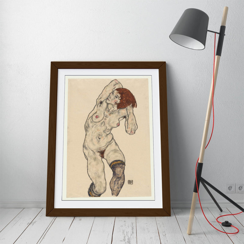 Framed Art Poster - Nude Art Print with Black Stockings | Matte Paper, Wood Grain Frame