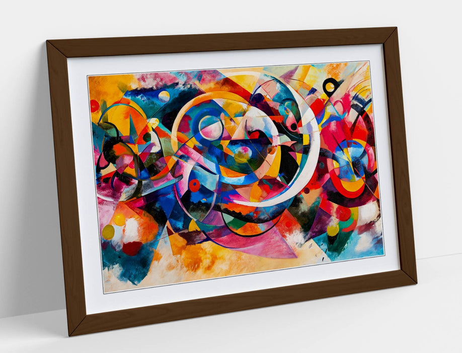 Framed Wall Art Poster – Abstract Multi Colour Kandinsky Style Print with Woodgrain Frame