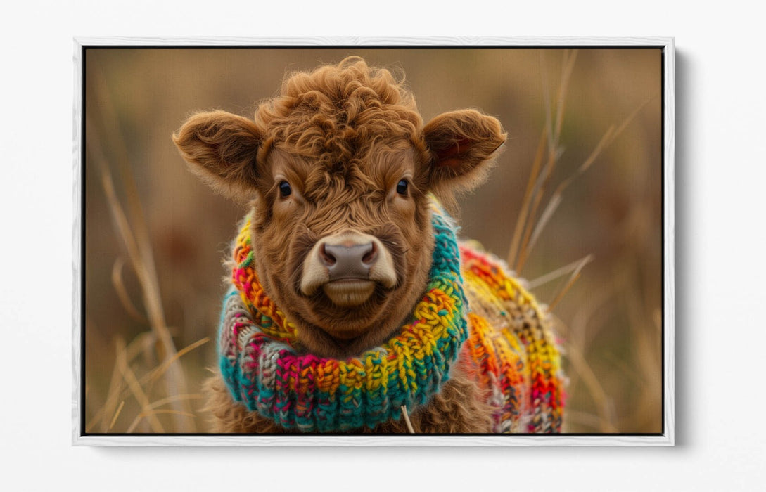 CUTE HIGHLAND COW WEARING RAINBOW JUMPER FLOAT EFFECT CANVAS ART PRINT