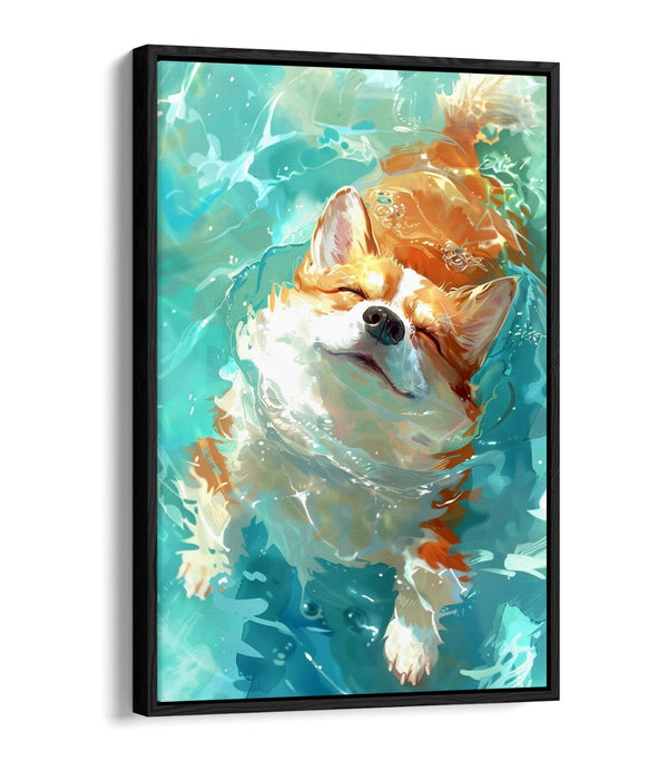 Corgi Canvas Art – Cute Smiling Dog Wall Decor with Water Float Effect Frame