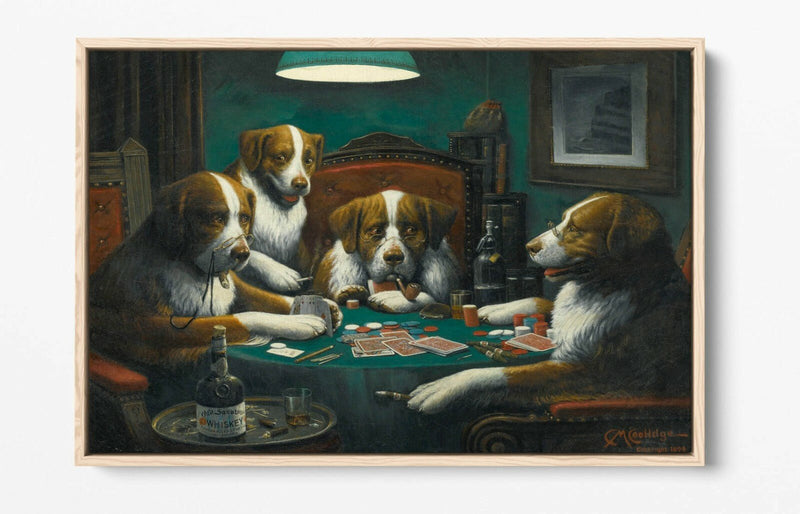 Dogs Playing Cards Art - Handmade Canvas Wall Art | Poker Game Print, Float Effect