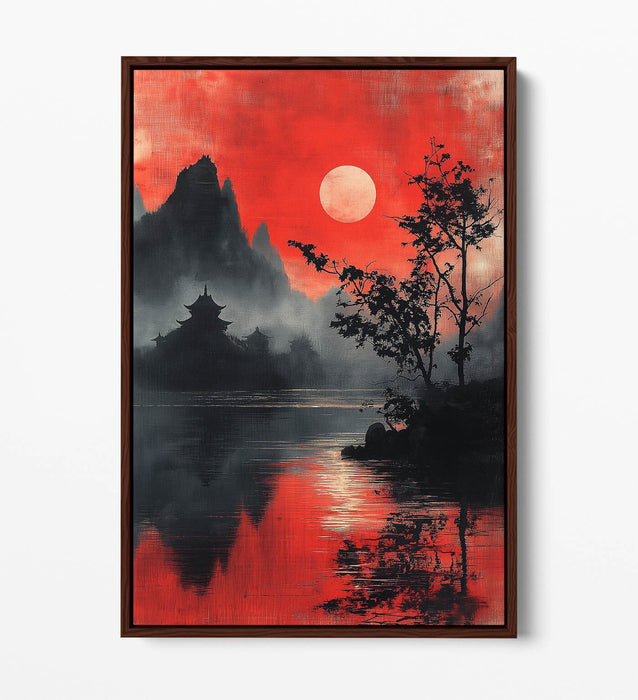 Chinese Landscape Canvas - Float Effect Art on Red Black Handmade Canvas Print