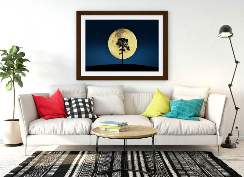 Framed Wall Art Tree Silhouette Poster – Big Moon Night Sky Blue Decor Print