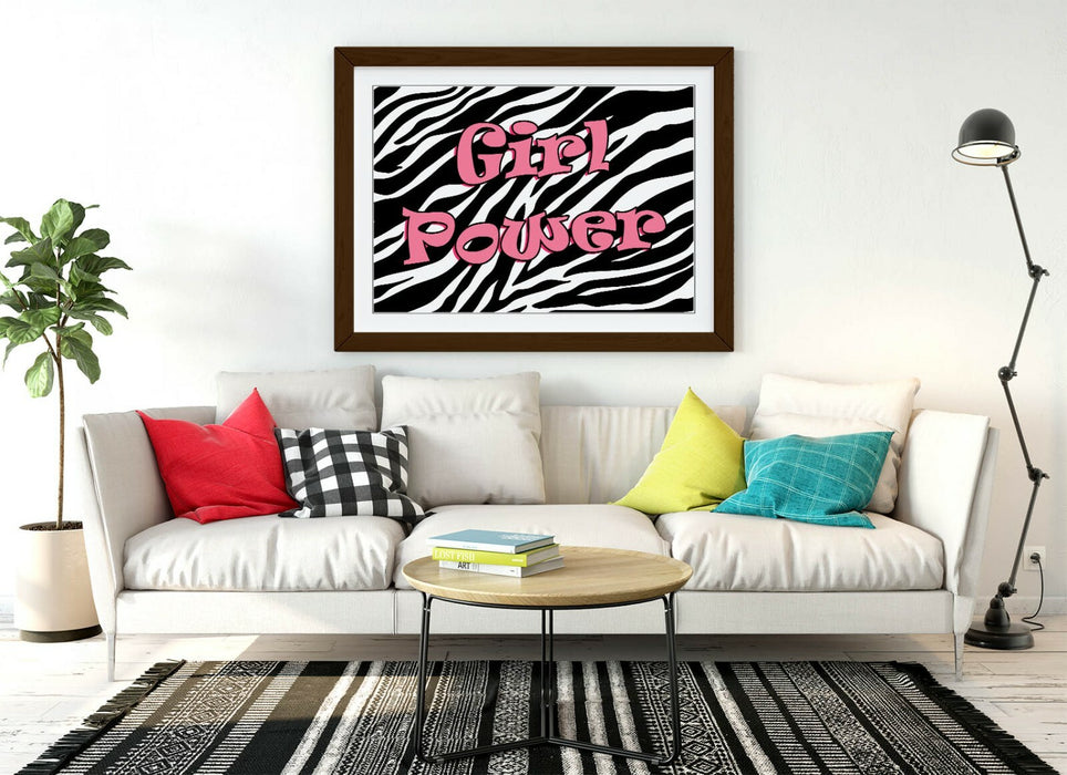 "GIRL POWER" FUNKY Y2K FEMINIST QUOTE ZEBRA -FRAMED WALL ART PICTURE PRINT- PINK
