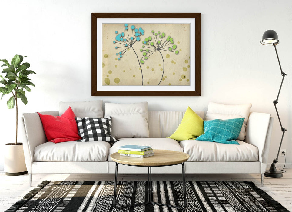 Framed Flower Art – Blue Green Dandelion Wall Poster | Bedroom Wall Decor
