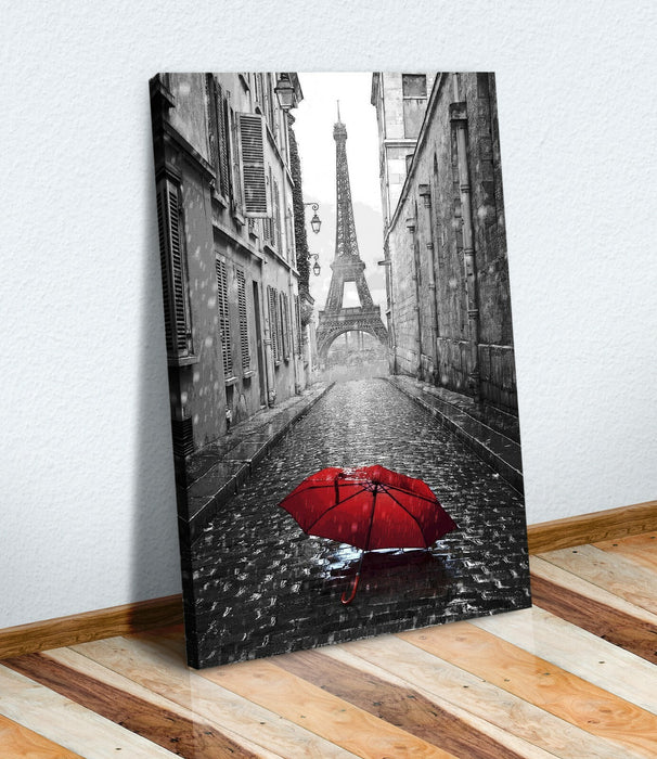 Paris Umbrella Canvas - Handmade Red Black White Art | Premium Varnish Finish
