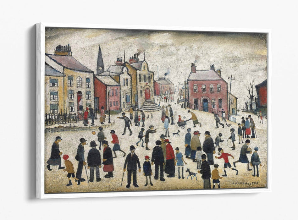 LS LOWRY, PEOPLE STANDING ABOUT -FLOAT EFFECT CANVAS WALL ART PIC PRINT- BEIGE