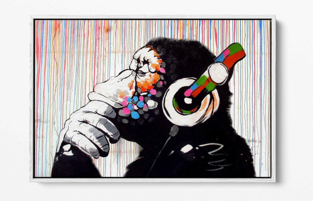 BANKSY DJ MONKEY RAIN -FLOAT EFFECT CANVAS WALL ART PIC PRINT- WHITE BLACK
