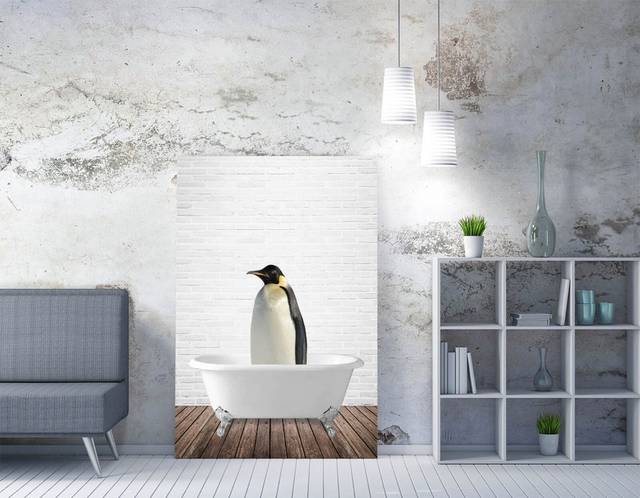 PENGUIN IN BATHTUB -QUIRKY CANVAS WALL ART PRINT ARTWORK ANIMAL FRAMED BATHROOM