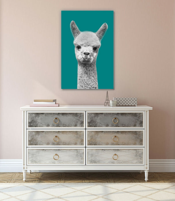 Alpaca Canvas Art – Handmade Black White Teal Canvas Wall Art Print