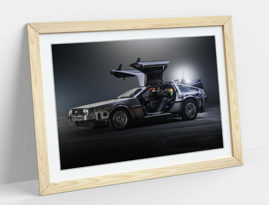 DeLorean Framed Poster – Back to the Future Art | UK Handmade Wood Grain Frame