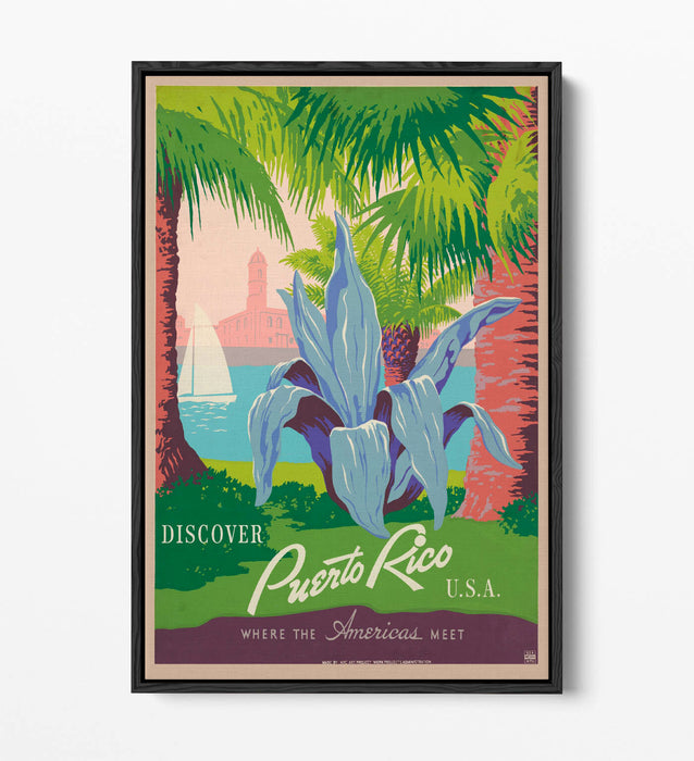 RETRO PUERTO RICO TRAVEL POSTER -FLOAT EFFECT CANVAS ART PRINT- BLUE PINK