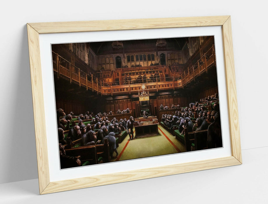BANKSY, MONKEY PARLIAMENT BROWN SEPIA TONES -FRAMED WALL ART PICTURE PRINT