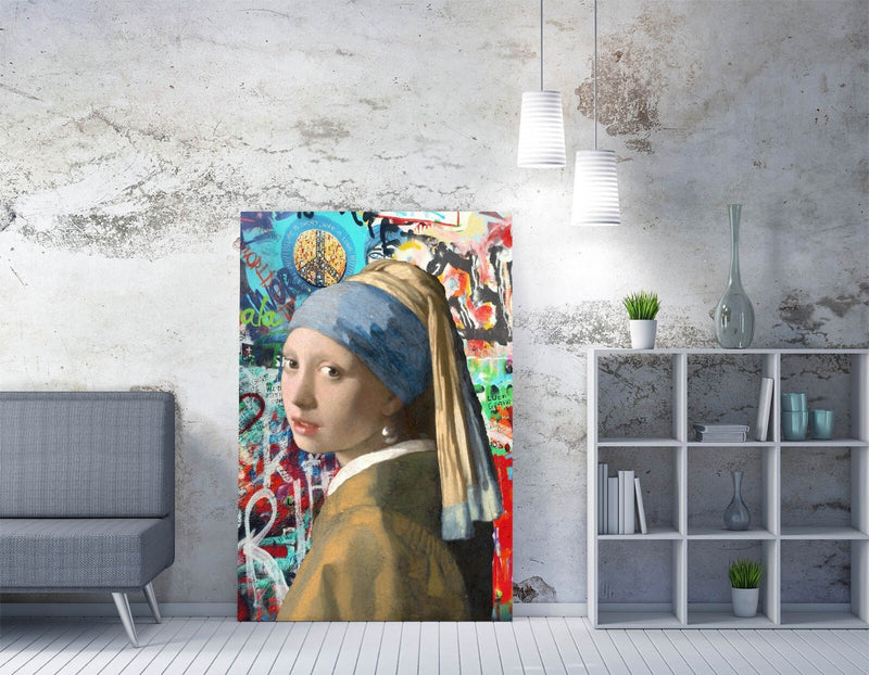 Canvas Wall Art - Vermeer Girl With Pearl Earring Graffiti Print on 30mm Deep Frame