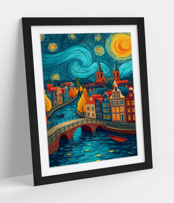 Van Gogh Wall Art – Framed Amsterdam City View Poster Print With Wood Grain Frame