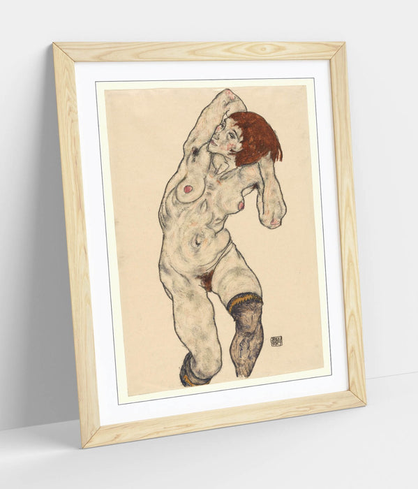 Framed Art Poster - Nude Art Print with Black Stockings | Matte Paper, Wood Grain Frame