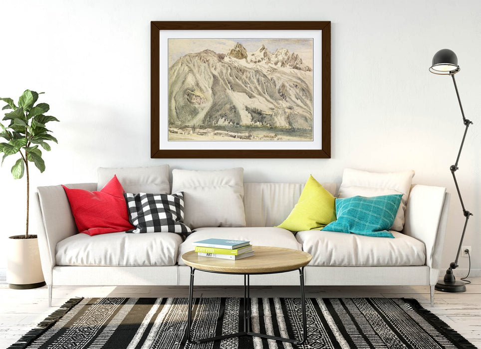 Framed Wall Art - John Ruskin Print Aiguilles Of Chamonix With Woodgrain Frame