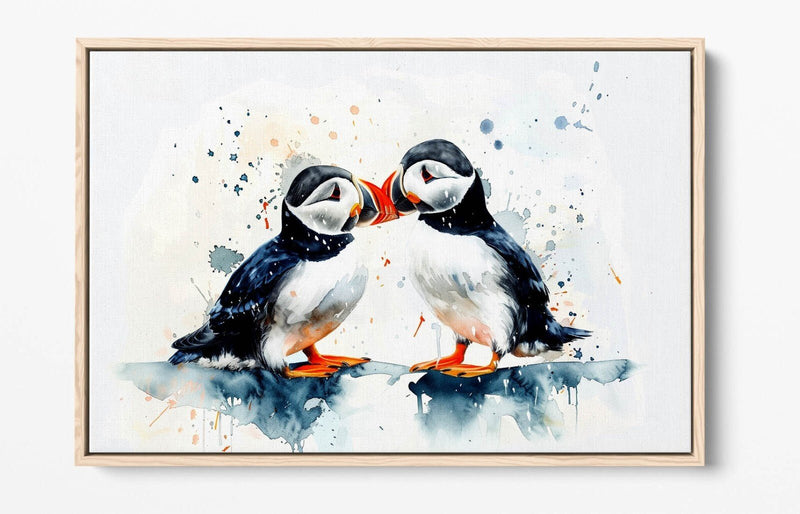 Puffins Canvas Art - Cute Couple Kissing | Premium Float Effect Frame Wall Decor