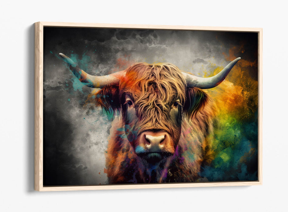 Canvas Wall Art – Highland Cow Multi Colour Print | Float Effect Frame, Handmade