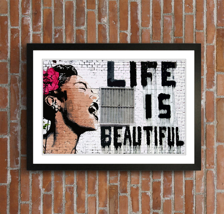 Banksy Framed Poster - Life Is Beautiful Print, Handmade UK Art, Wood Grain Frame