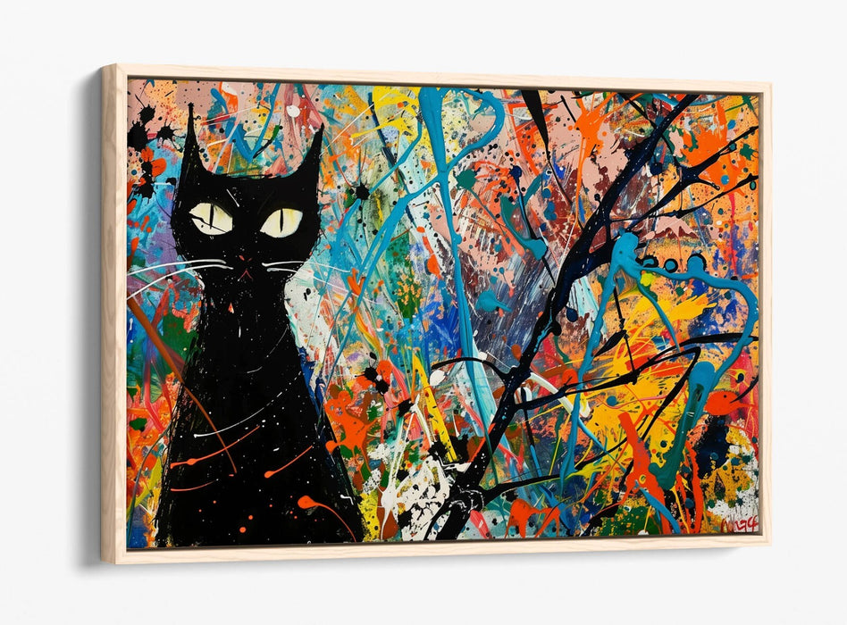 Black Cat Canvas Art – Jackson Pollock Style Float Effect Print on Premium Frame