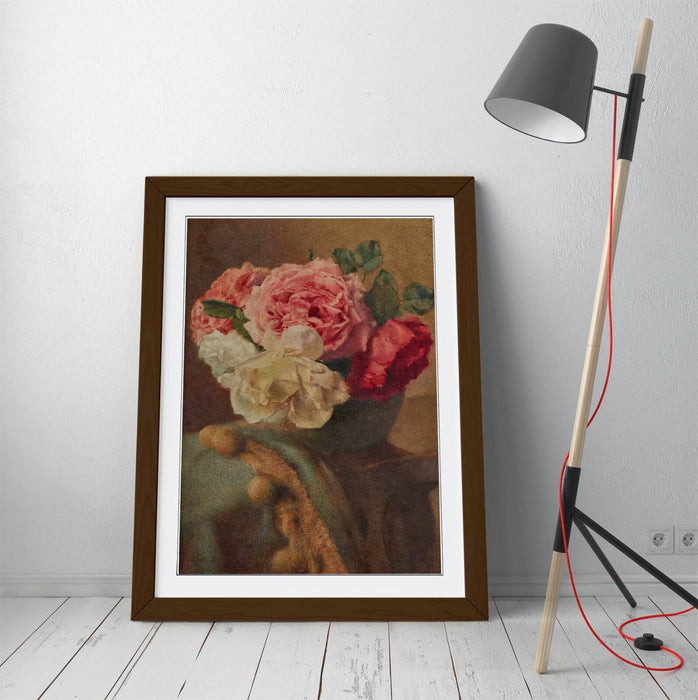 Framed Wall Art - William John Wainwright Roses Floral Poster Print in Woodgrain Frame