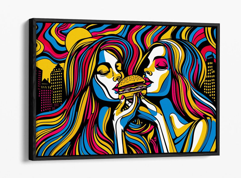 Canvas Wall Art - Contemporary Float Effect Print With Women Burger Artwork On 30mm Deep Frame