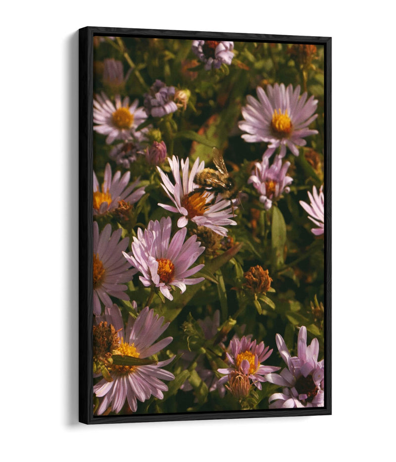 Canvas Wall Art - Grainy Bee On Flowers | Handmade Vibrant Floral Artwork, 30mm Deep Frame