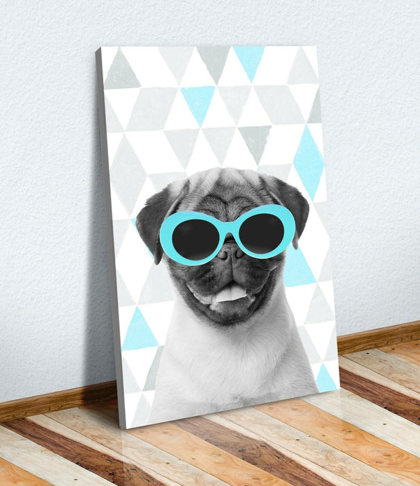 Canvas Wall Art – Turquoise Grey Blue Geometric Pug Art Print with Premium Varnish Finish