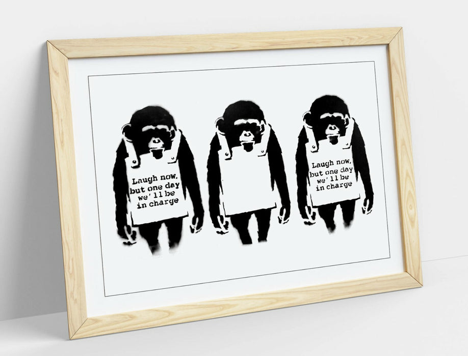 BANKSY LAUGH NOW MONKEYS -FRAMED POSTER WALL ART PRINT ARTWORK- BLACK & WHITE