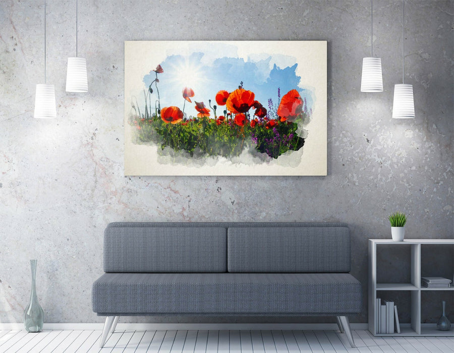 Canvas Wall Art Print - Poppy Field Watercolour Landscape on Archival Grade Canvas