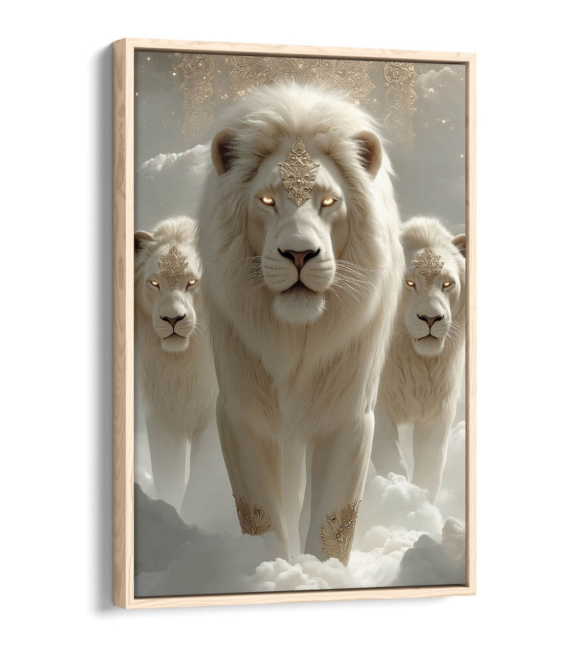White Lions Canvas Art - Mystical Fantasy Wall Art With Float Effect Frame