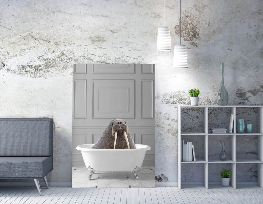 WALRUS IN BATHTUB -QUIRKY CANVAS WALL ART PRINT ARTWORK ANIMAL FRAMED BATHROOM