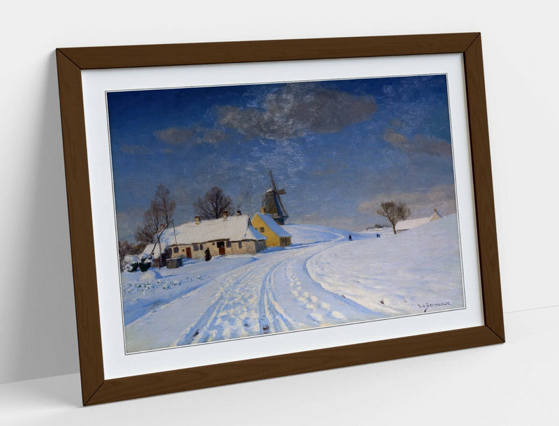 Framed Art Print - Snowy Landscape Wall Art Poster with Wood Grain Frame