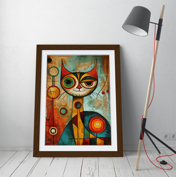 Framed Wall Art - Cool Cat Abstract Wall Decor With Woodgrain Frame Print