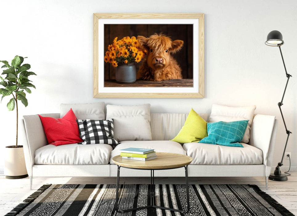 Baby Highland Cow Art – Framed Wall Art Poster Print with Flowers | UK Handmade