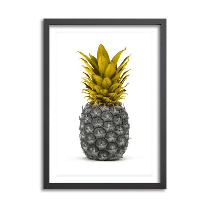 Framed Pineapple Poster – Mustard Yellow Art Print With Woodgrain Faux Frame