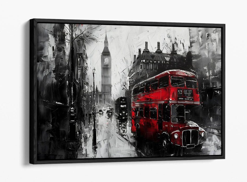 Black And White Cityscape - Red Bus Art Print | Float Effect Canvas Wall Art