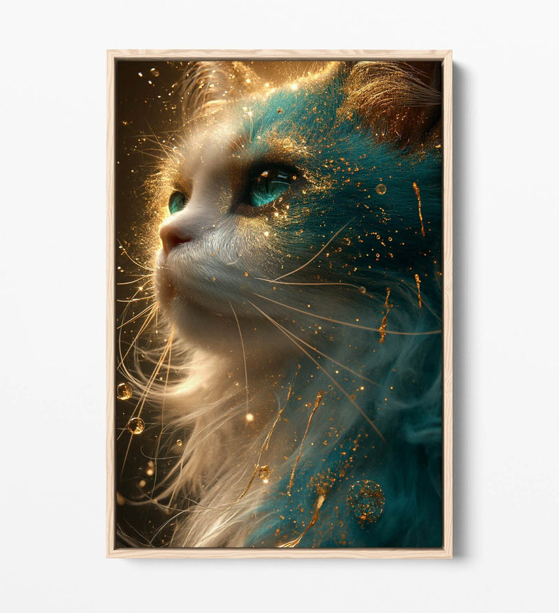 Glowing Cat Canvas Art – Blue Gold Artwork | Float Effect Canvas Print