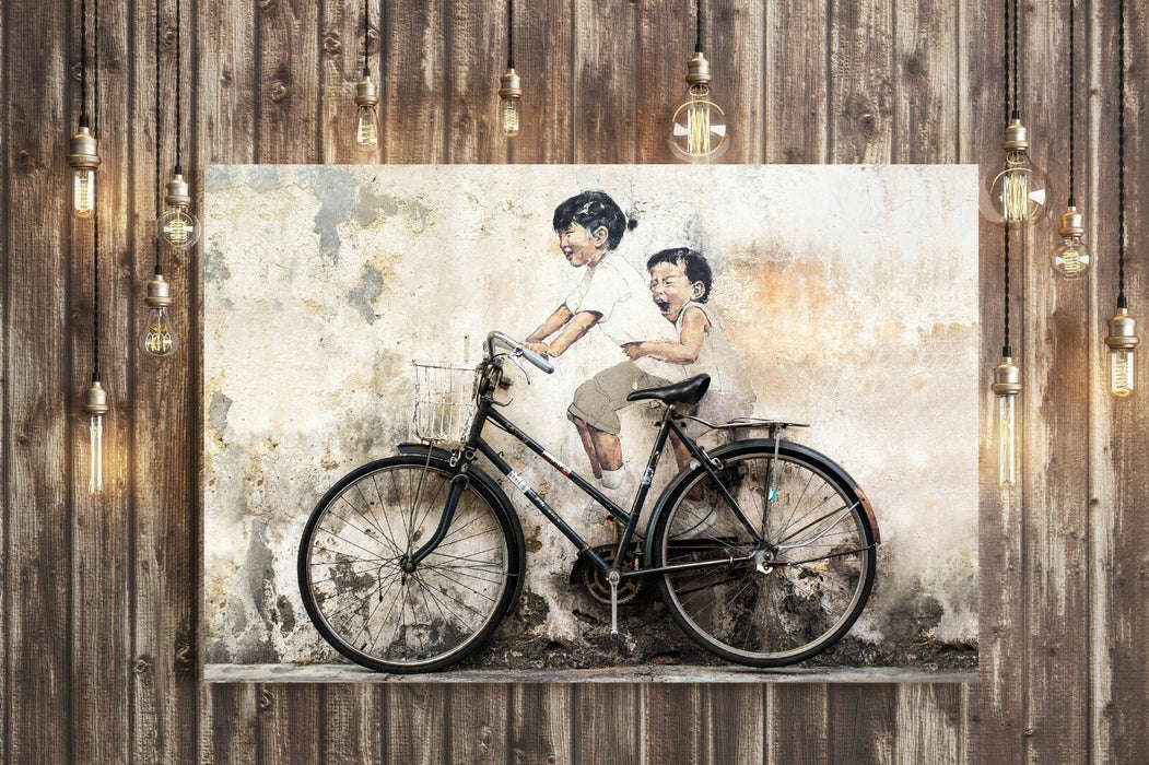 KIDS ON BIKE CANVAS WALL GRAFFITI ART PRINT ARTWORK FRAMED POSTER NOT BANKSY