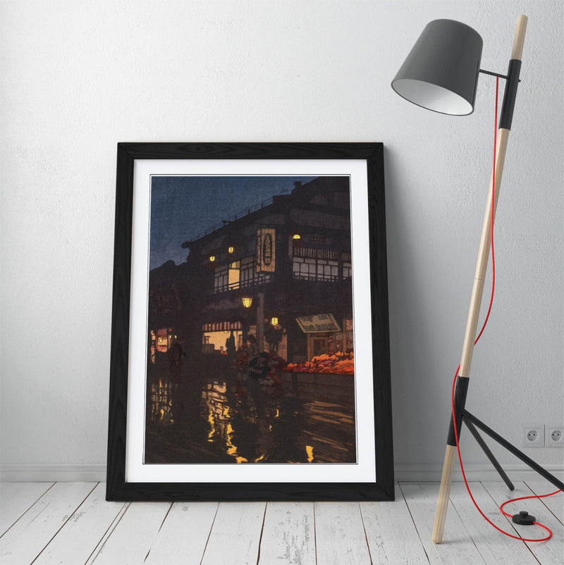 Framed Wall Art Poster - Yoshida Hiroshi Kagurazaka Street Print With Natural Wood Frame