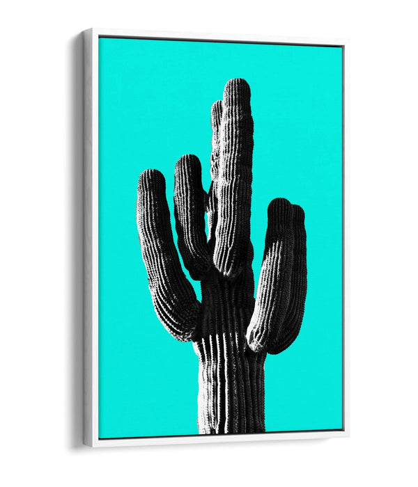 TRENDY B&W CACTUS POP ART CYAN -FLOAT EFFECT CANVAS WALL ART PRINT