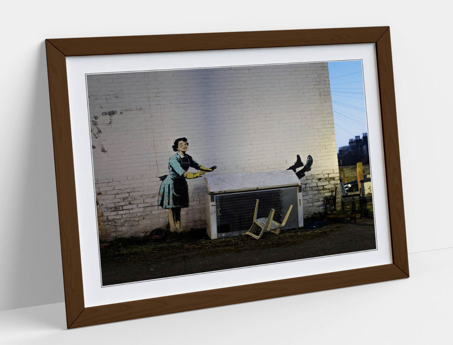 Banksy Framed Wall Art – Valentine's Day Graffiti Poster Print with Woodgrain Frame