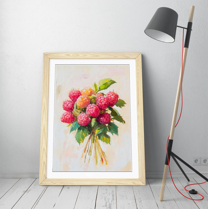 Red Raspberry Wall Art – Framed Poster Print With Woodgrain Frame Finish