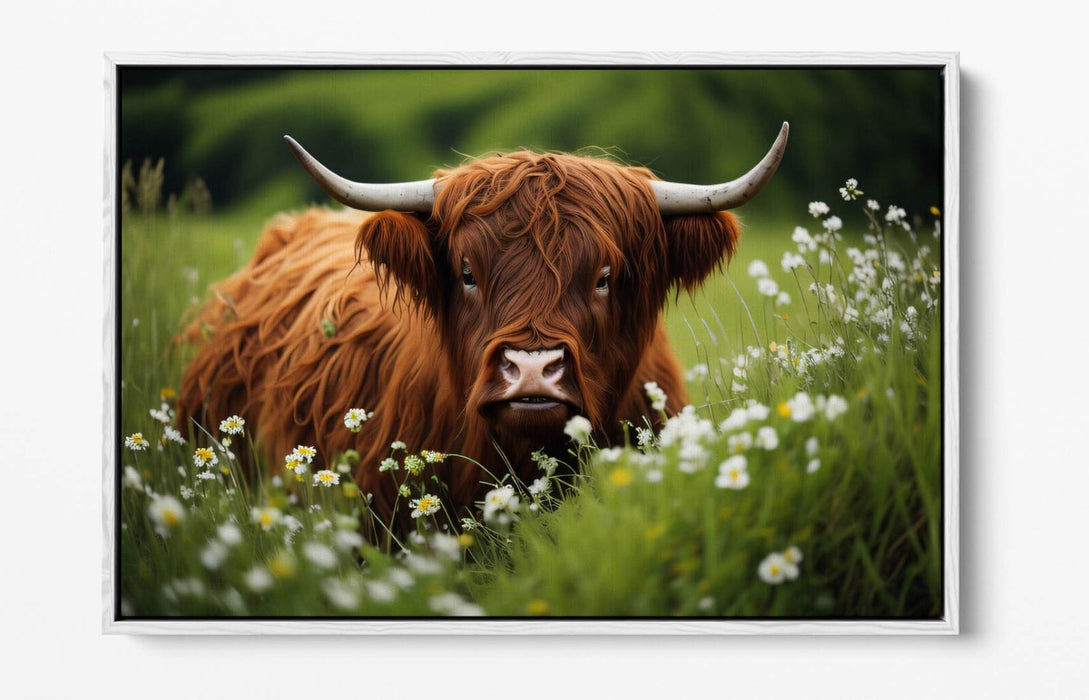 HIGHLAND COW FLOWER FIELD HOME DECOR DIGITAL FLOAT EFFECT CANVAS ART PIC PRINT