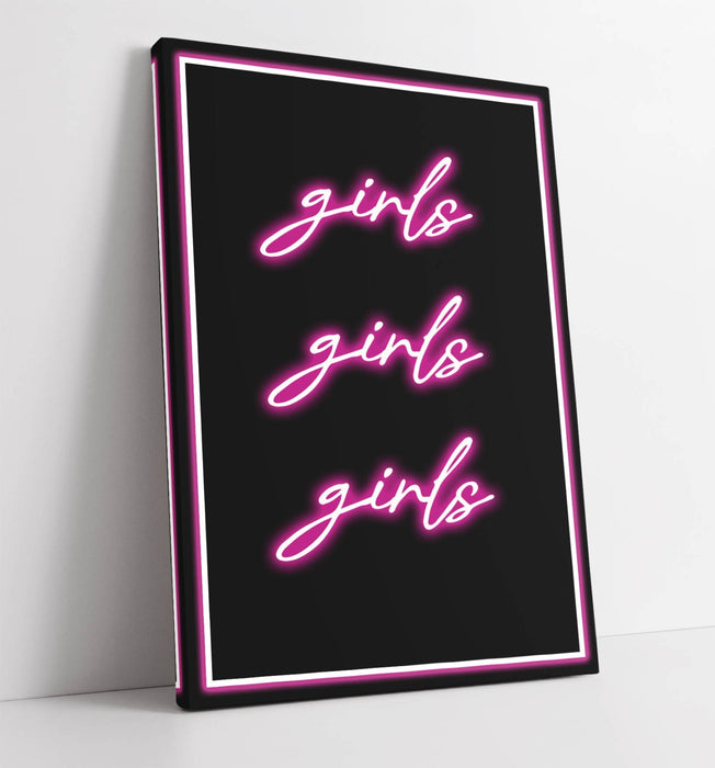 Pink Neon Wall Art - Framed Canvas Print for Girls Bedroom Decor, Ready to Hang