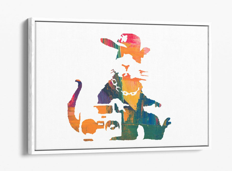 BANKSY, GANGSTA RAT RAINBOW PAINT EFFECT ART -FLOAT EFFECT CANVAS WALL ART PRINT
